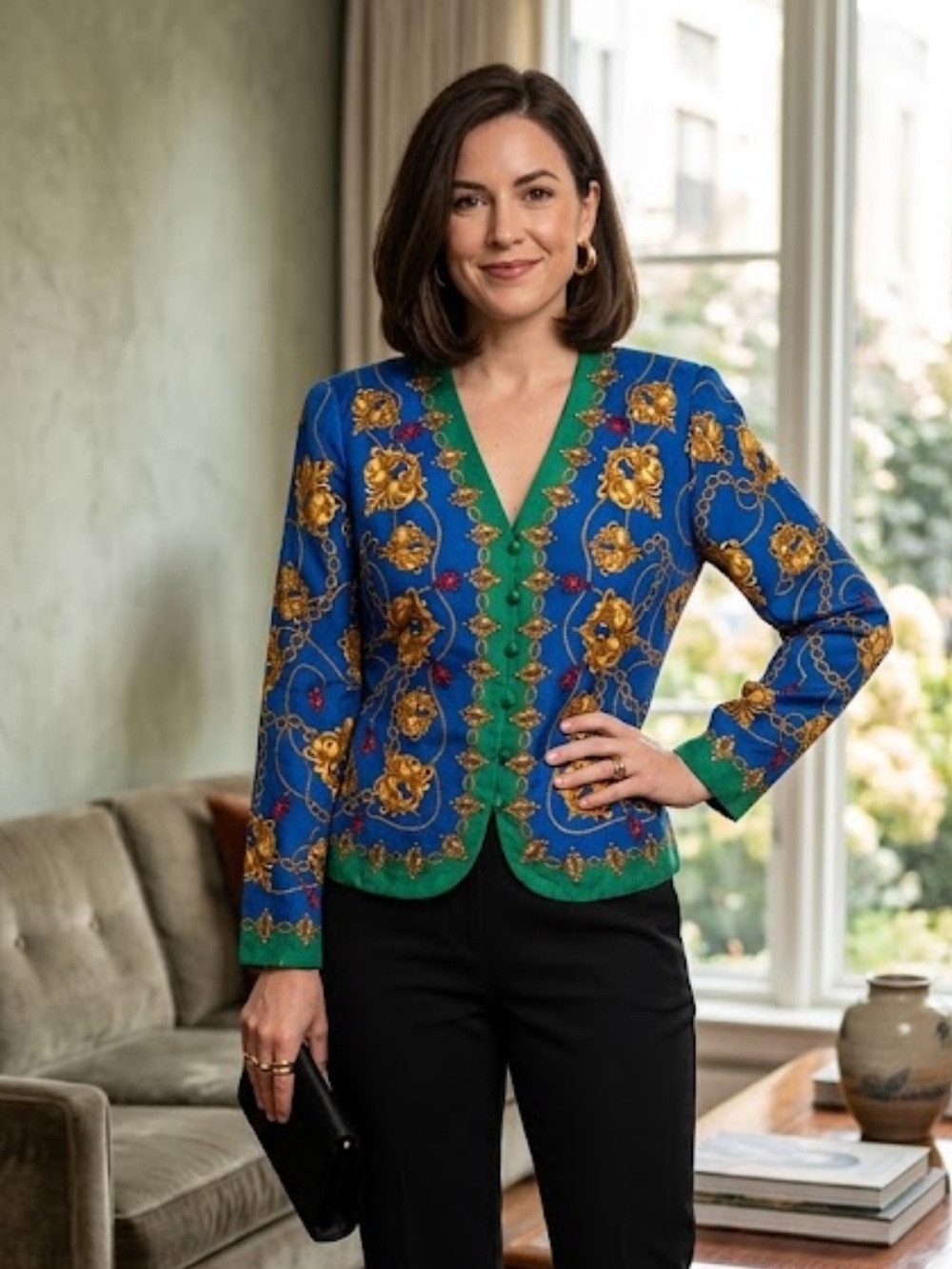 Adrianna Papell 100% Silk Baroque Chain Print Vintage Jacket Royal Blue 8
N